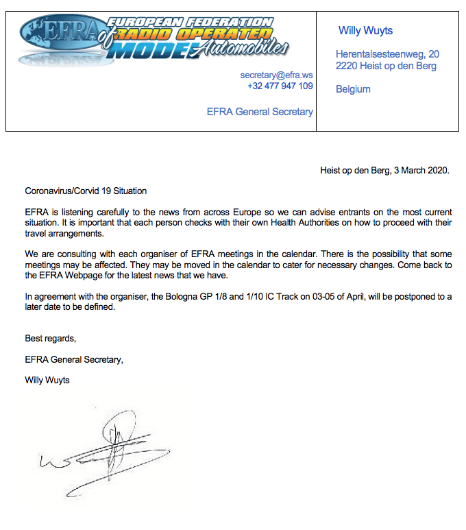 EFRA rc cars Coronavirus Covid 19 Situation