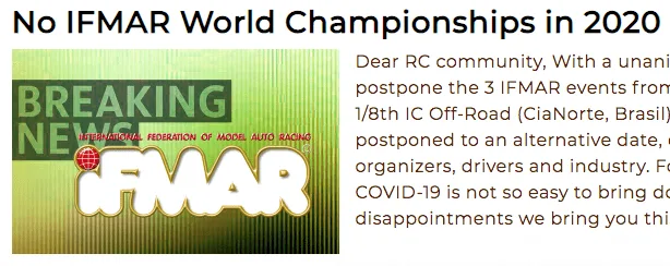 No habrá Campeonatos del Mundo IFMAR en 2020 !