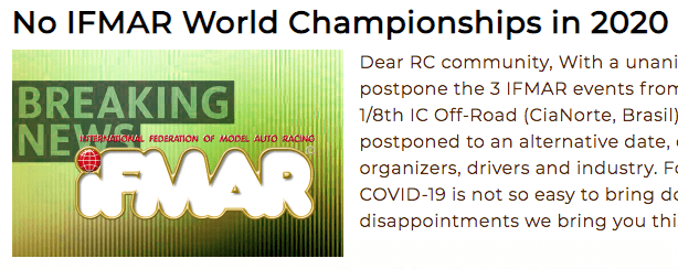 No habrá Campeonatos del Mundo IFMAR en 2020 !